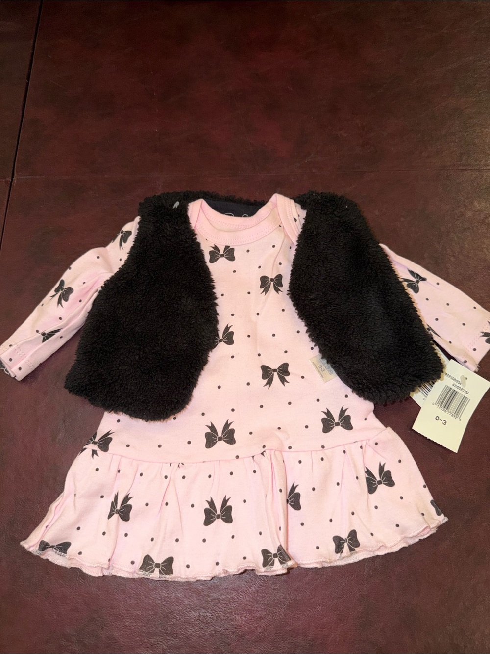 Rene Rofe Pink and Black Bow Shirt with Black Faux Fur Vest